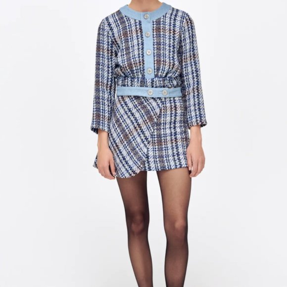 Zara Combination Textured Tweed Denim Mini Skirt S - Picture 2 of 8